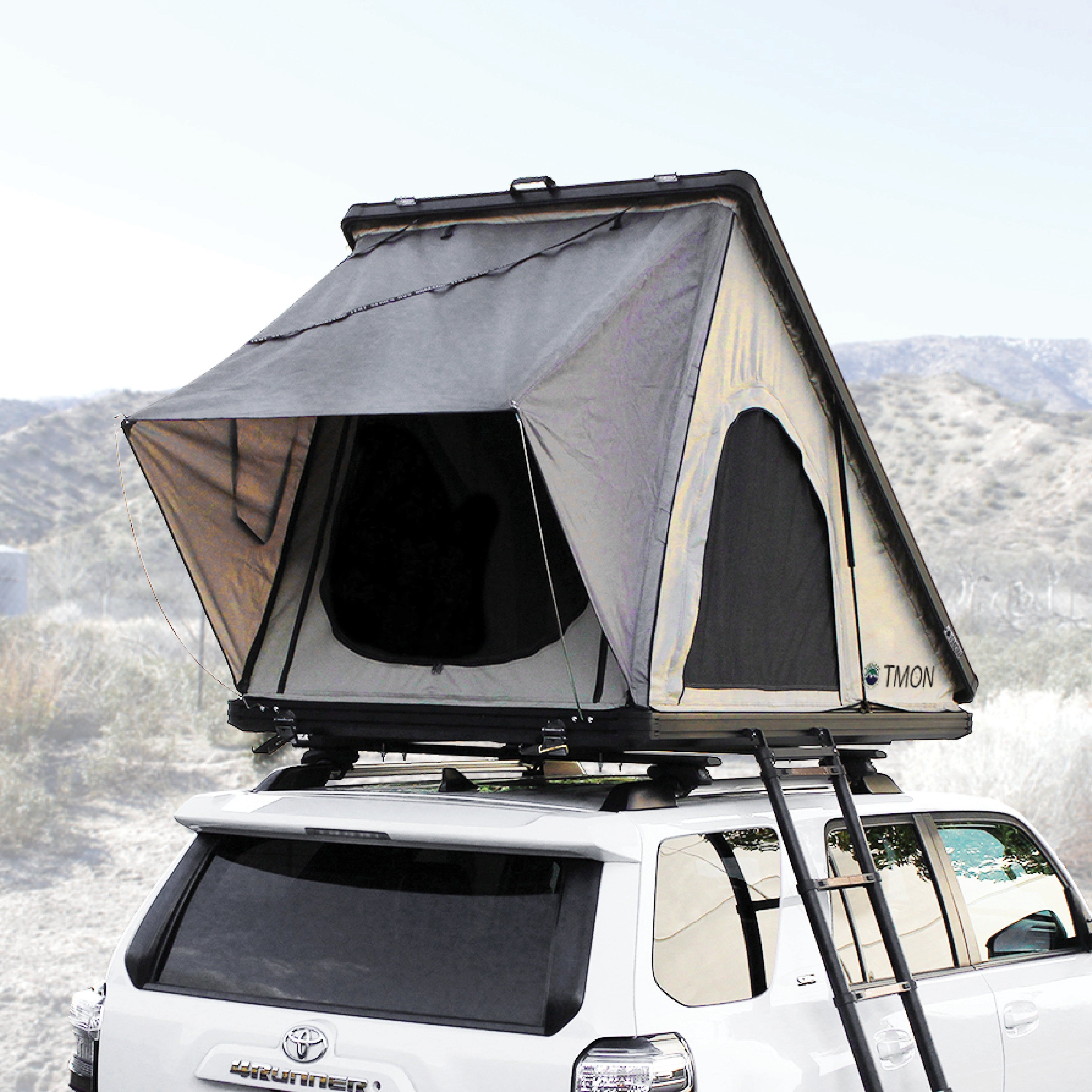 OVS LD TMON 2 Person Clamshell Aluminum Hard Shell Roof Top Tent - Tan Body & Green Rainfly