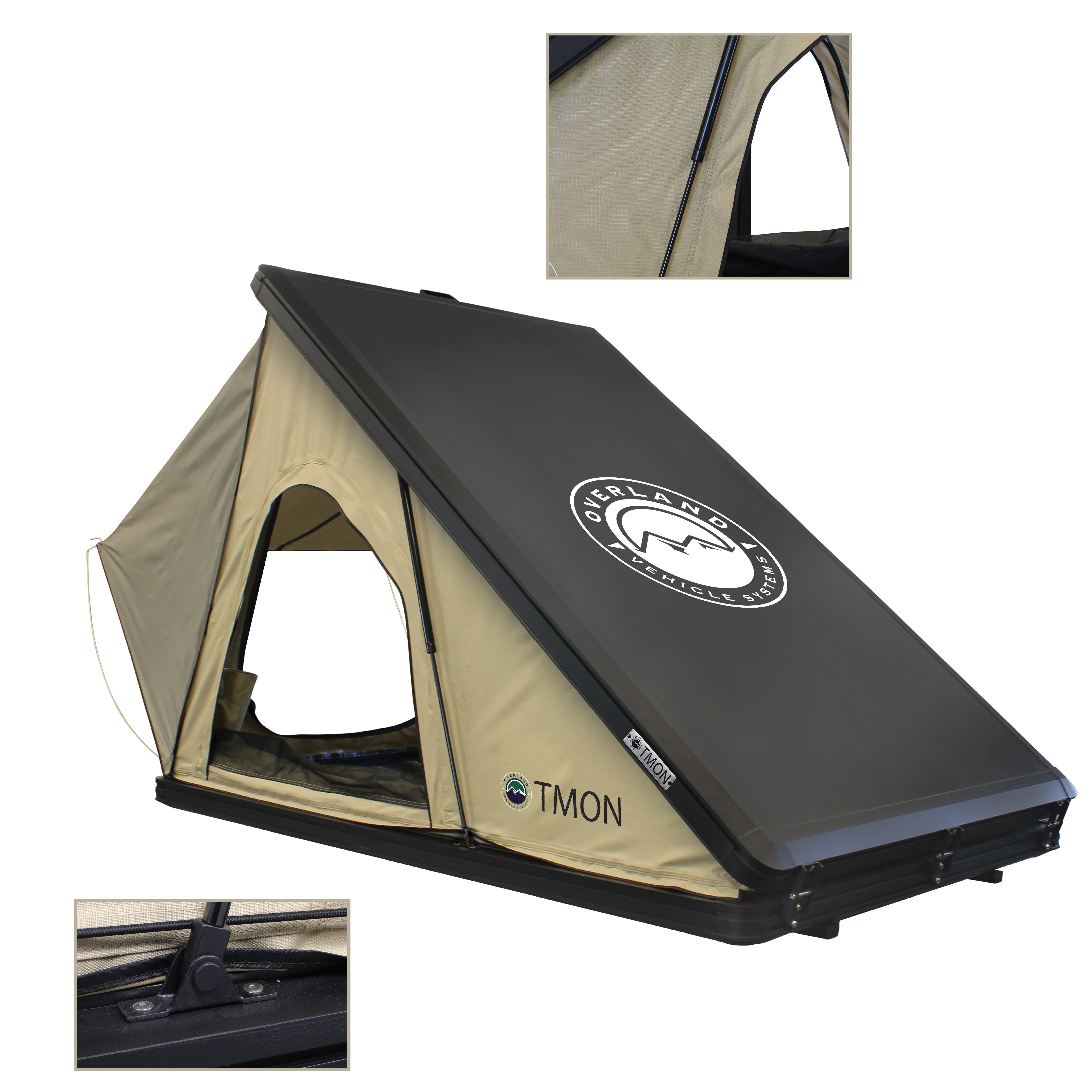 OVS LD TMON 2 Person Clamshell Aluminum Hard Shell Roof Top Tent - Tan Body & Green Rainfly