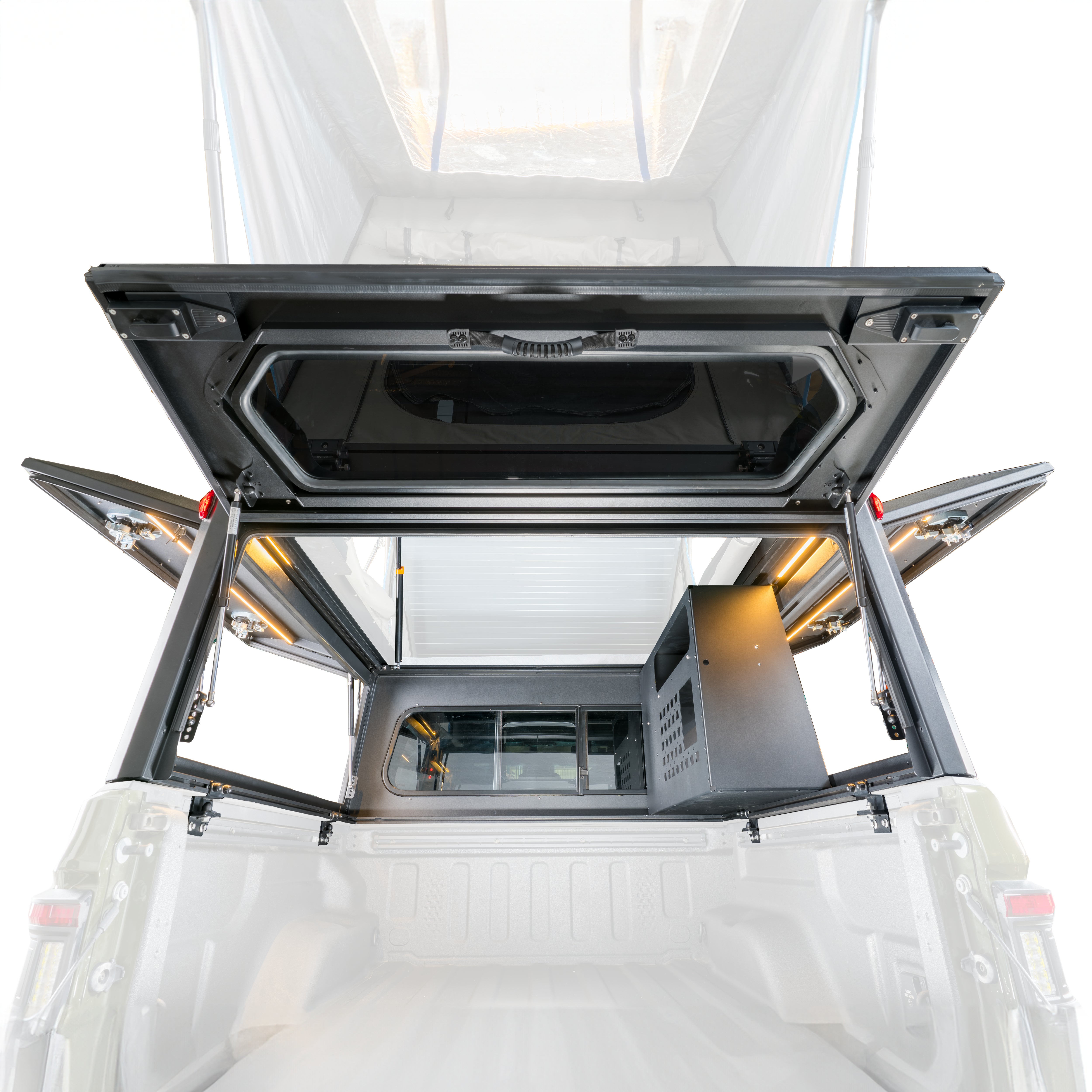 OVS MagPak - Camper Shell/Roof Top Tent Combo with Lights, Rear Molle Panel, Side Tie Downs, Front & Rear Windows