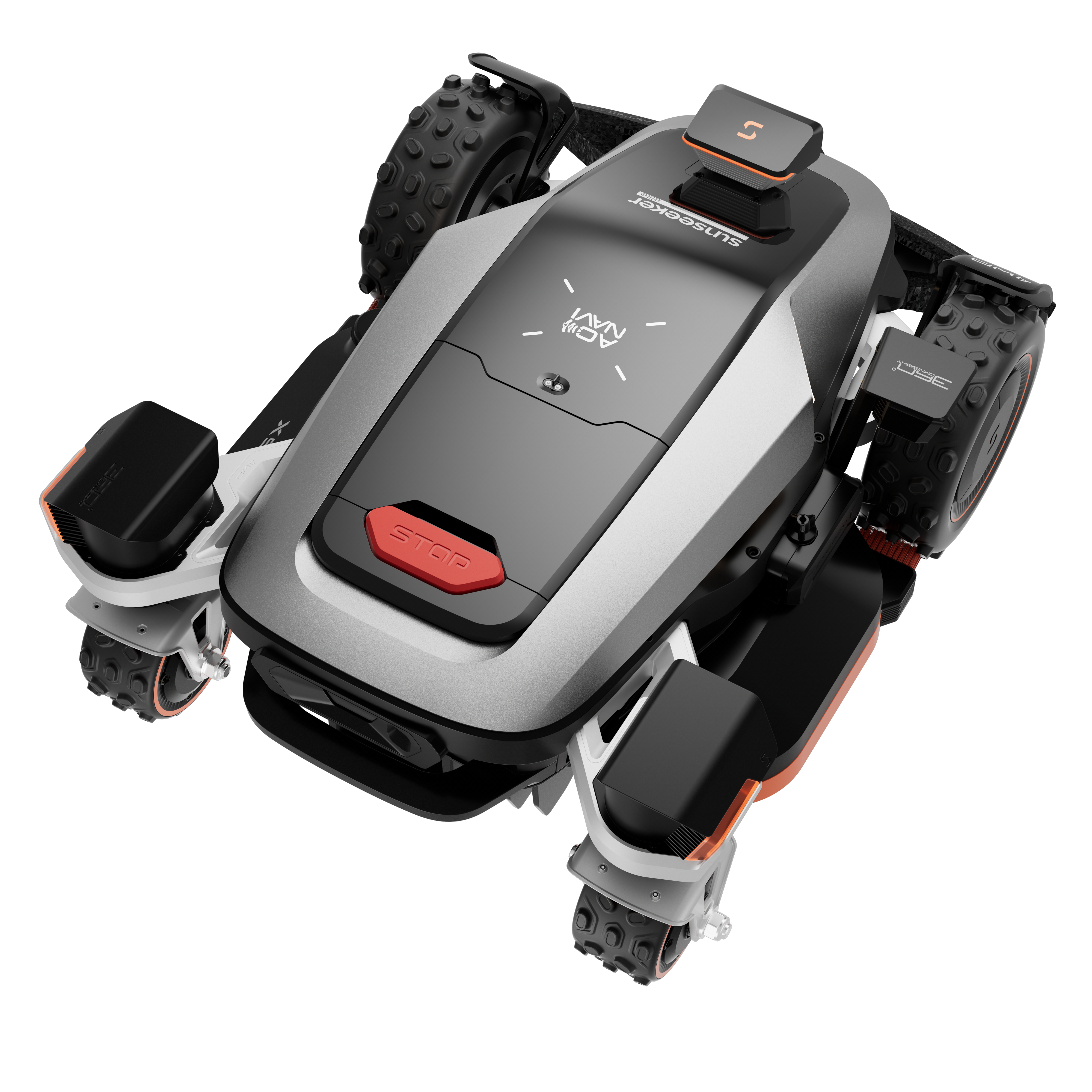 Sunseeker X9 robot lawn mower, top rear three-quarter view