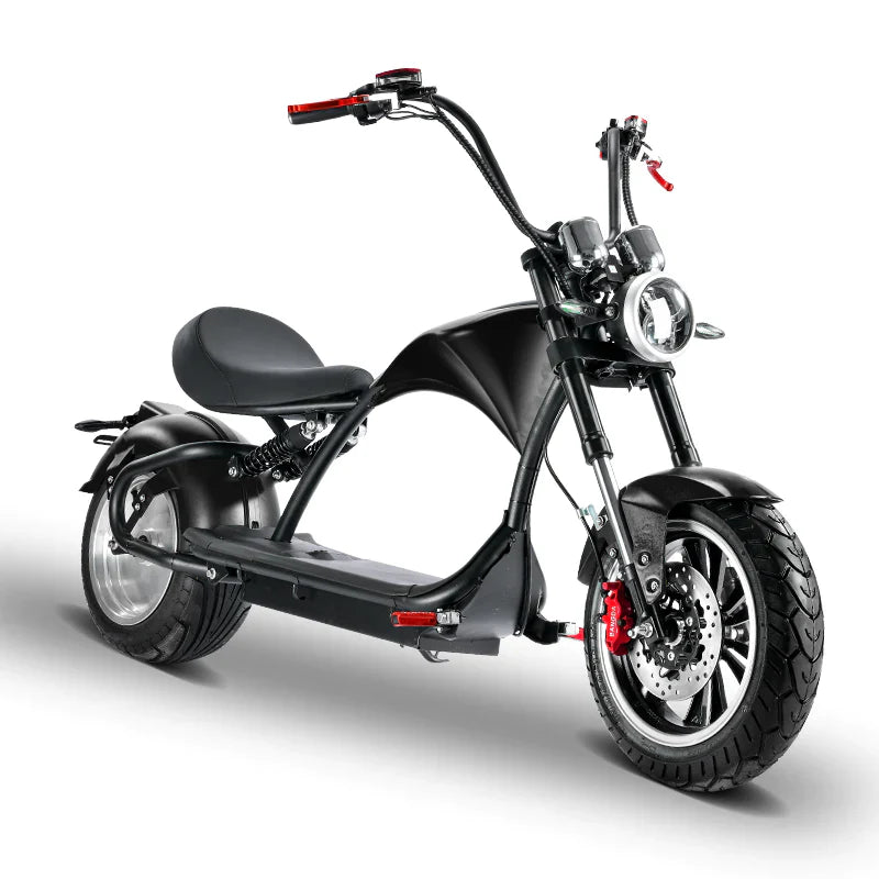 Soversky M3P 3000W electric chopper bike in matte black with red brake
calipers and chrome handlebars