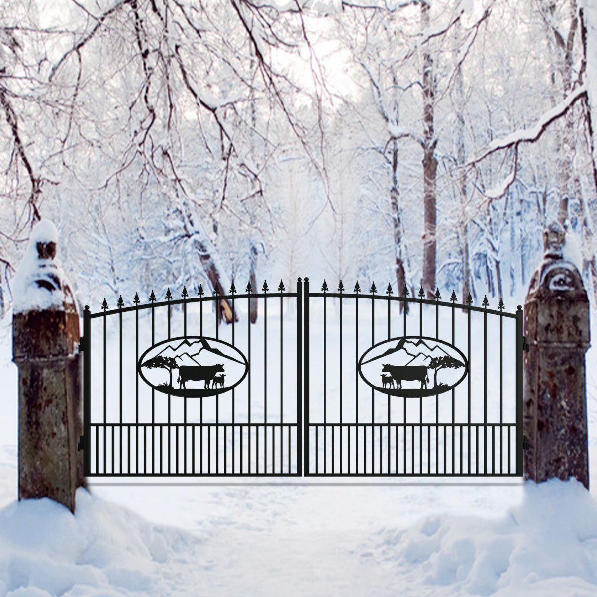 Our driveway gate is built to withstand harsh weather conditions like snow.#design_ox