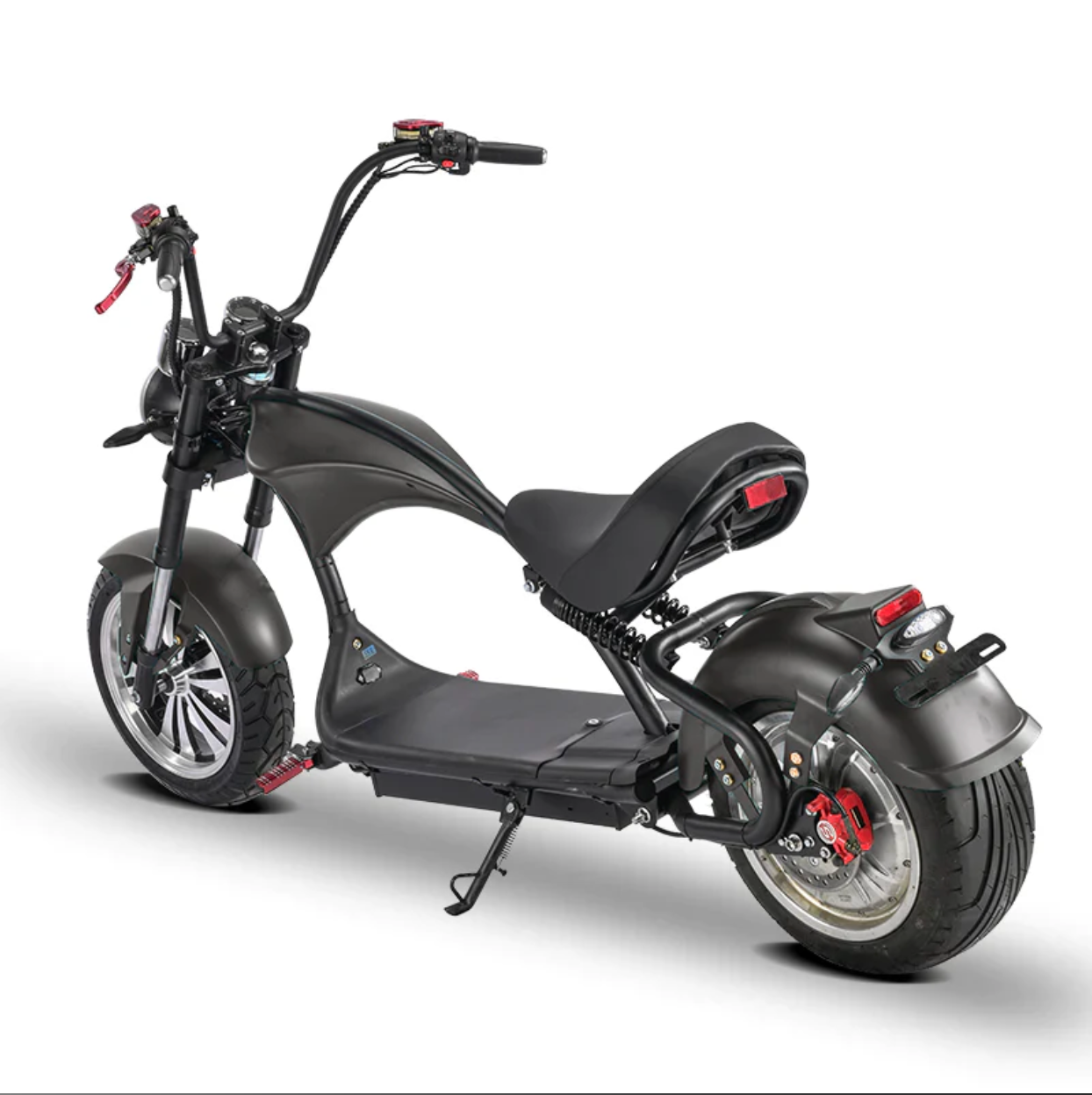 Soversky M3P 3000W electric chopper bike in matte black with red brake
calipers and chrome handlebars