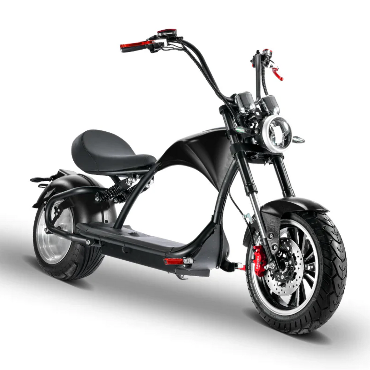 Soversky M3P 3000W electric chopper bike in matte black with red brake
calipers and chrome handlebars