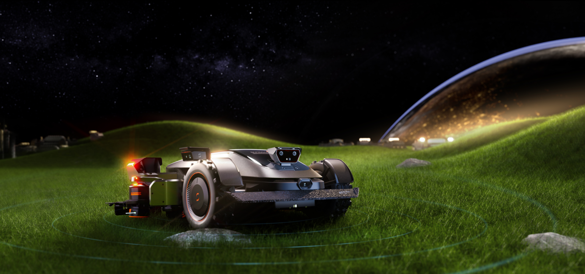 Sunseeker Elite X9 robot lawn mower on landscaped grounds