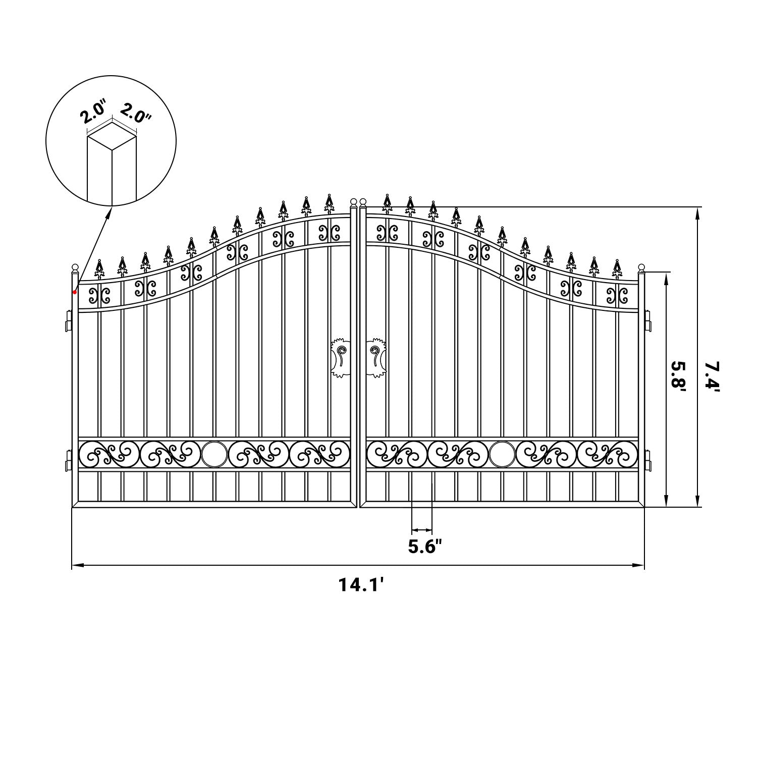 Dimension of the 14ft dual swing driveway gate with basic design#design_basic