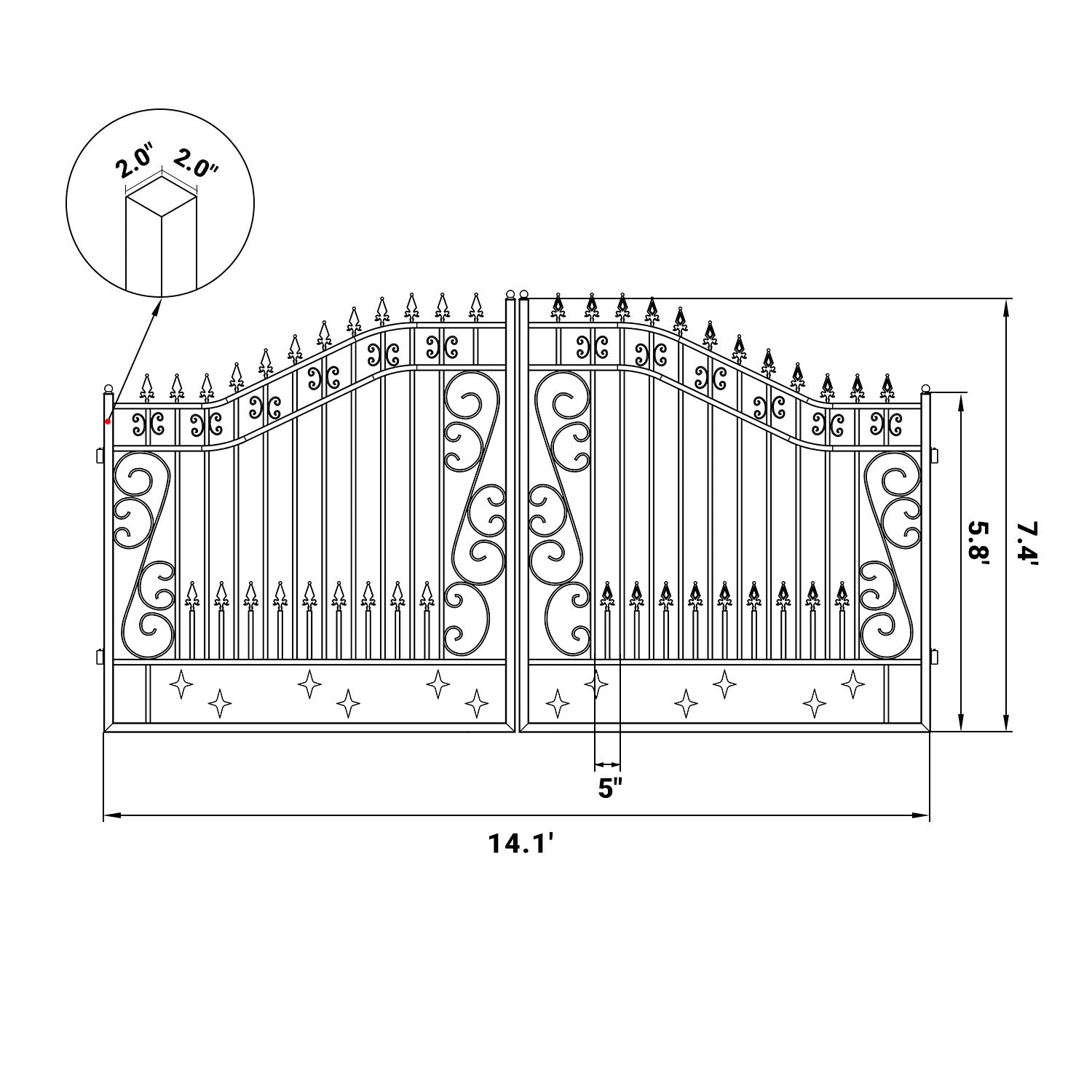 Dimension of the 14ft dual swing driveway gate with star pattern#design_star