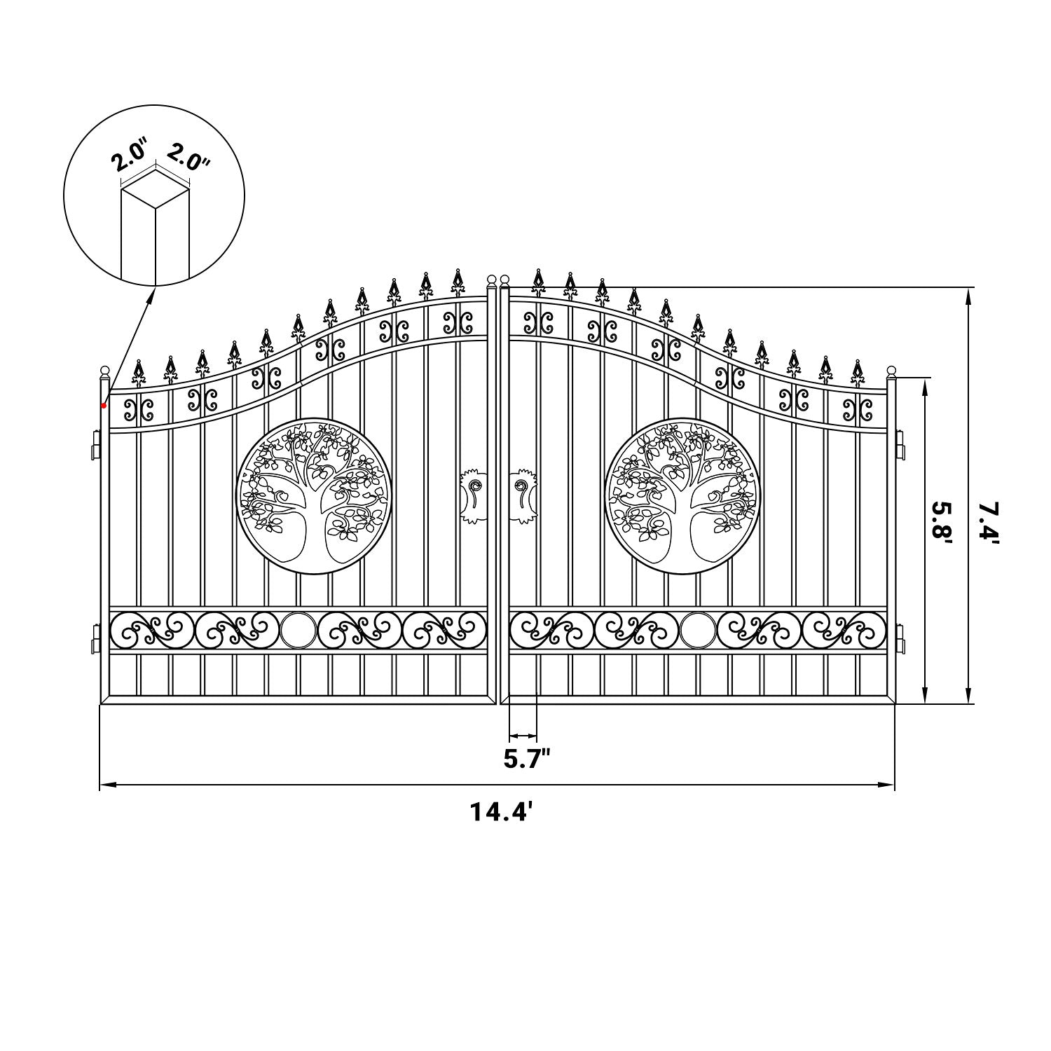 Dimension of the 14ft dual swing driveway gate with tree pattern#design_tree
