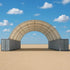 container shelter 40x40x15 with a fabric arch and metal containers on a clear sky background