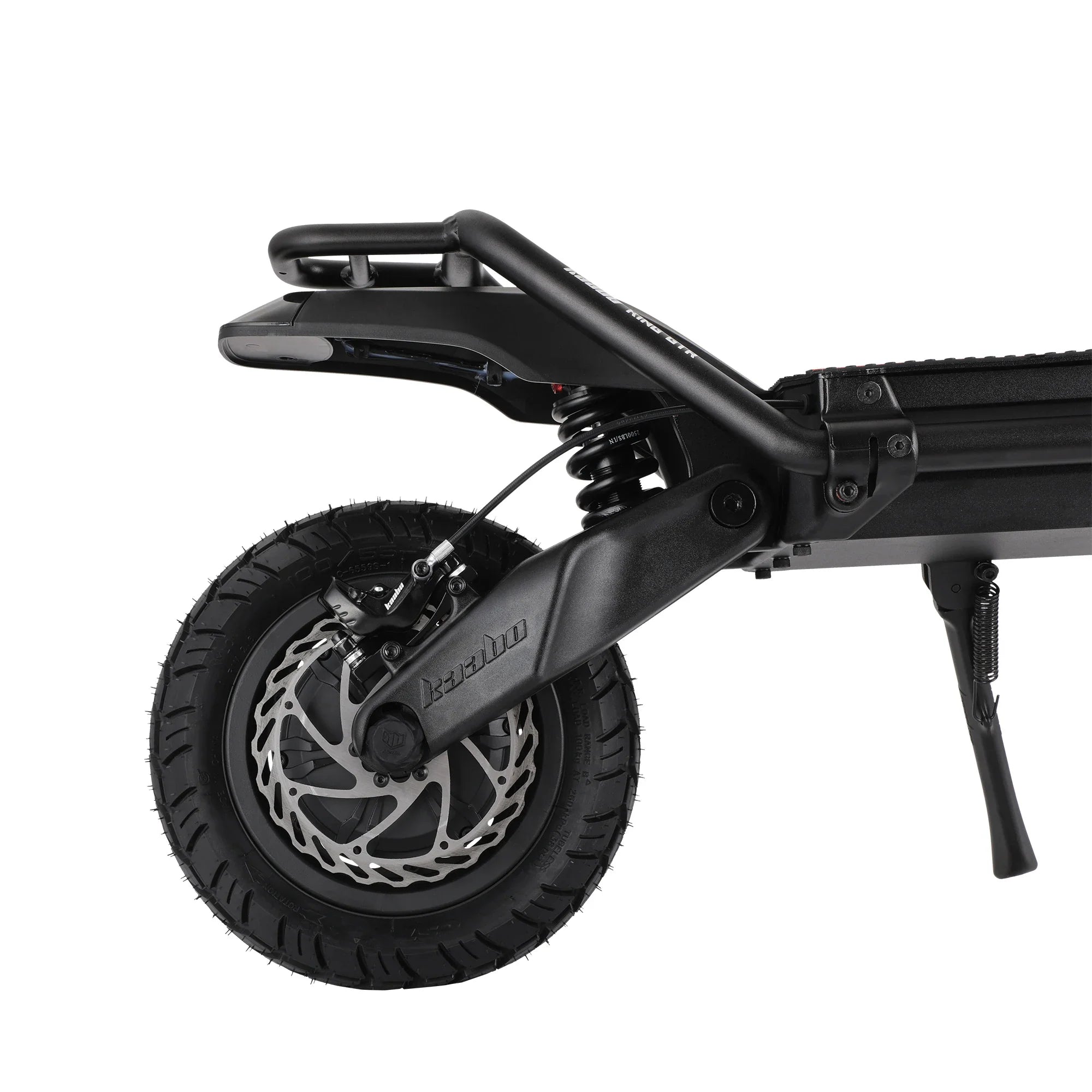 Rear hydraulic disc brake and suspension on Kaabo Wolf King GTR Max dual motor performance electric scooter